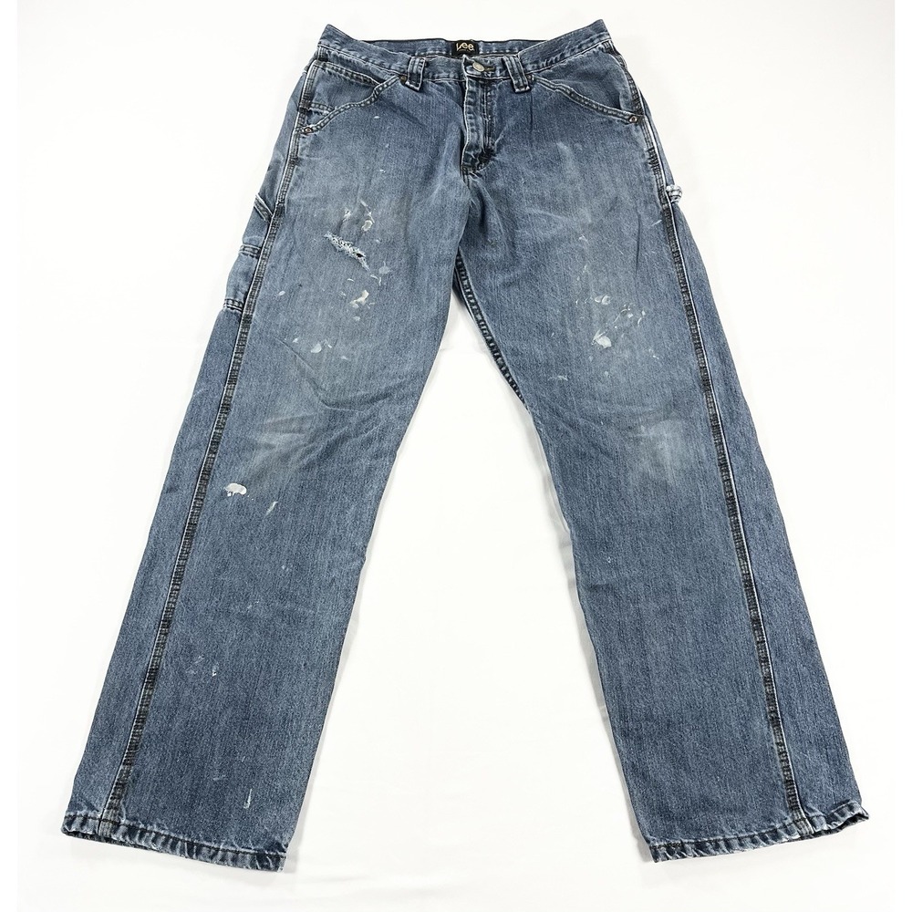 VTG Lee Carpenter Jeans Mens 32x32 Blue Distressed Paint Splatter Y2K Workwear